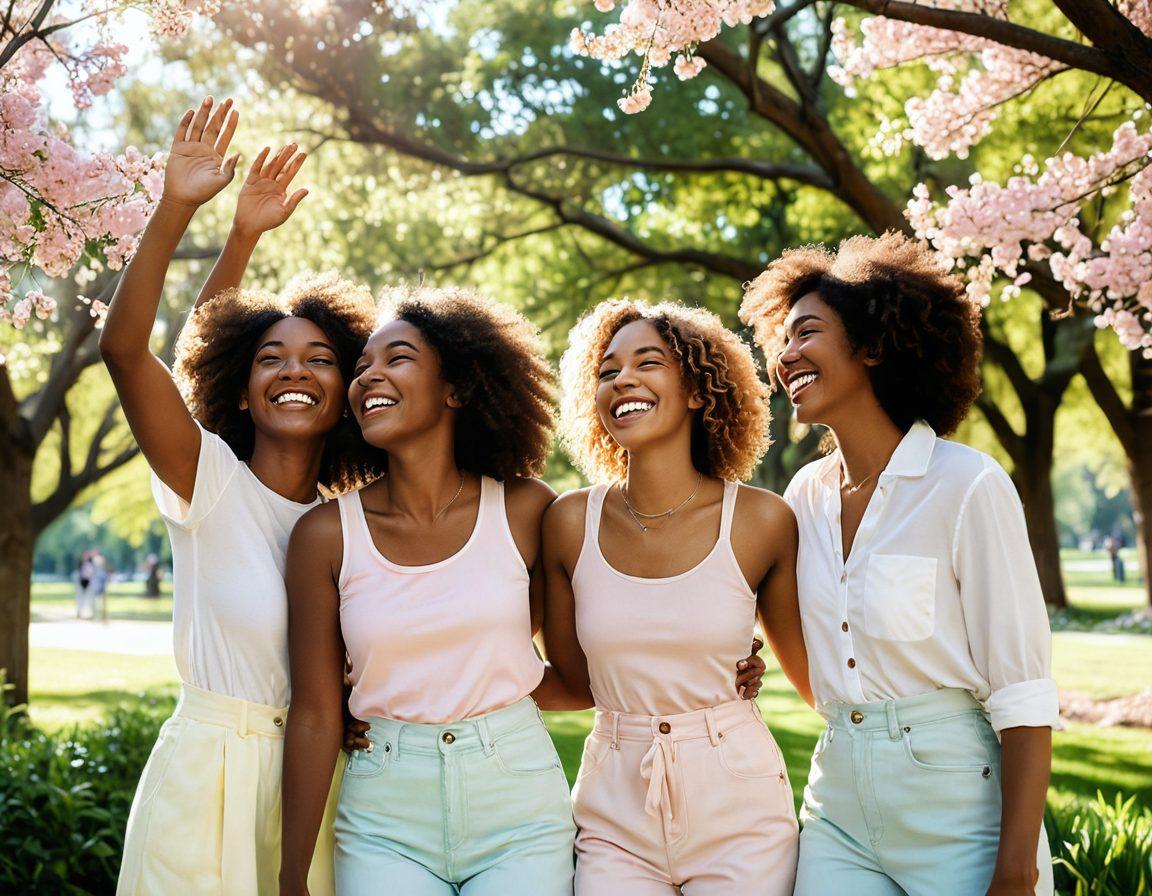 A group of diverse women laughing and embracing each other in a sun-drenched park, adorned with blooming flowers and soft pastel colors in the background. They are dressed in stylish, casual outfits, displaying joy and camaraderie. The scene embodies warmth and support, with a gentle breeze creating a sense of movement. The sunlight filters through the trees, casting a magical glow over the moment. vibrant colors. super-realistic.