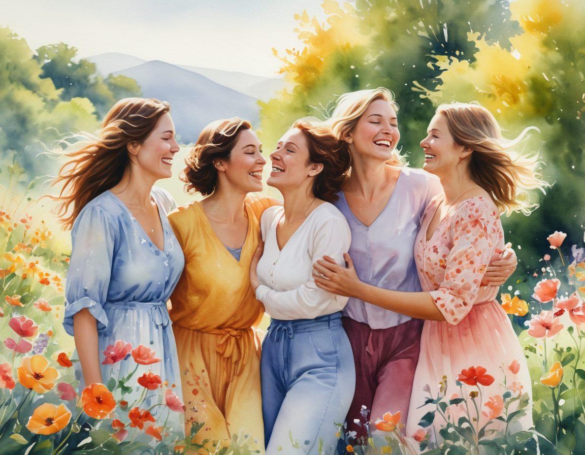 A serene landscape depicting a diverse group of women of various ages sharing joyful moments under a radiant sun. The scene shows them laughing, hugging, and supporting each other, surrounded by blooming flowers and gentle breezes. Their expressions convey happiness, hope, and sisterhood, symbolizing strength and unity. Use warm, inviting colors to enhance the atmosphere of positivity and love. watercolor painting. vibrant colors.