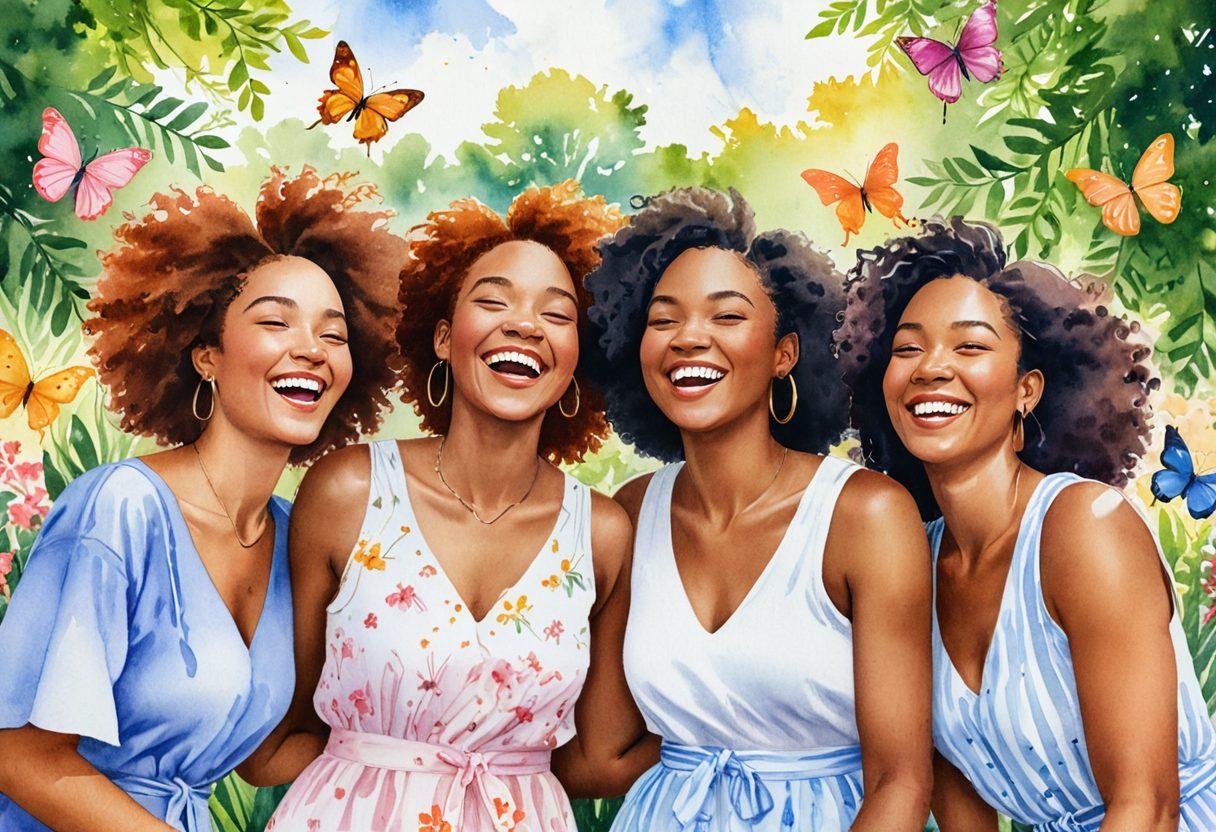 A heartfelt scene depicting a diverse group of women laughing and embracing in a sunlit park, surrounded by blooming flowers and butterflies, symbolizing joy and connection. The women are of various ethnicities, showcasing different personal styles, reflecting the beauty and strength of female friendships. The background should be vibrant with soft colors, capturing a sense of warmth and positivity. watercolor style. bright colors. soft focus.